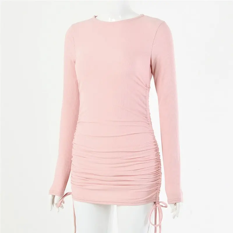 Women Fashion Solid Color Long Sleeve Drawstring Dress