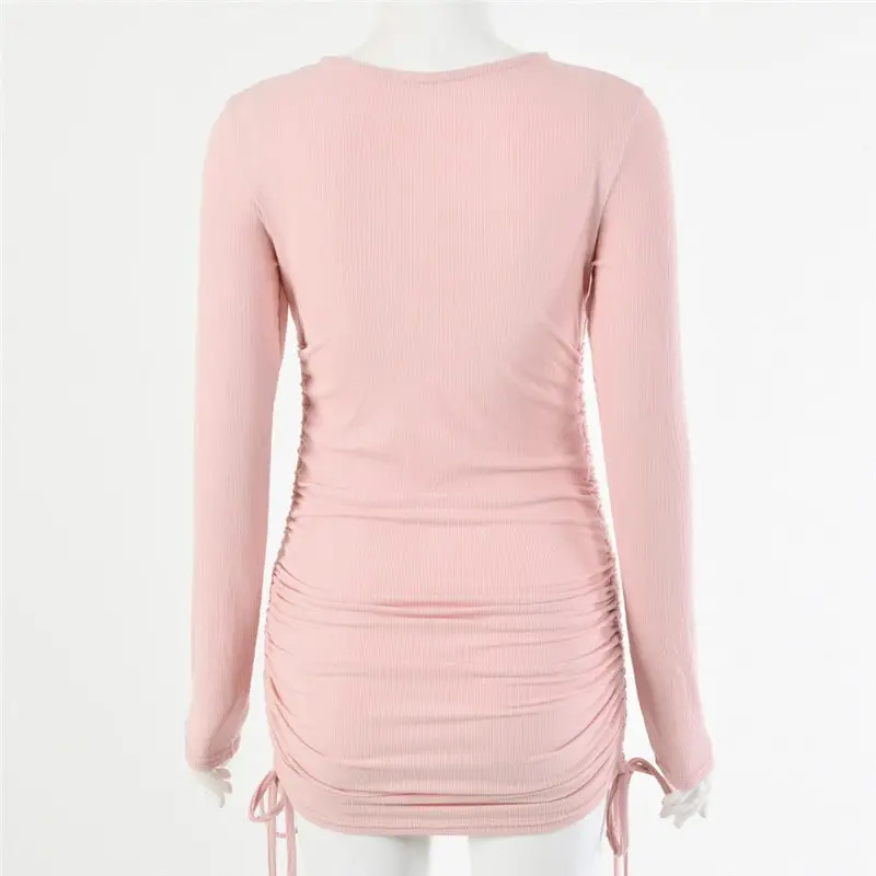 Women Fashion Solid Color Long Sleeve Drawstring Dress
