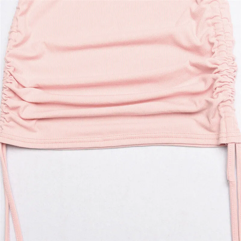 Women Fashion Solid Color Long Sleeve Drawstring Dress