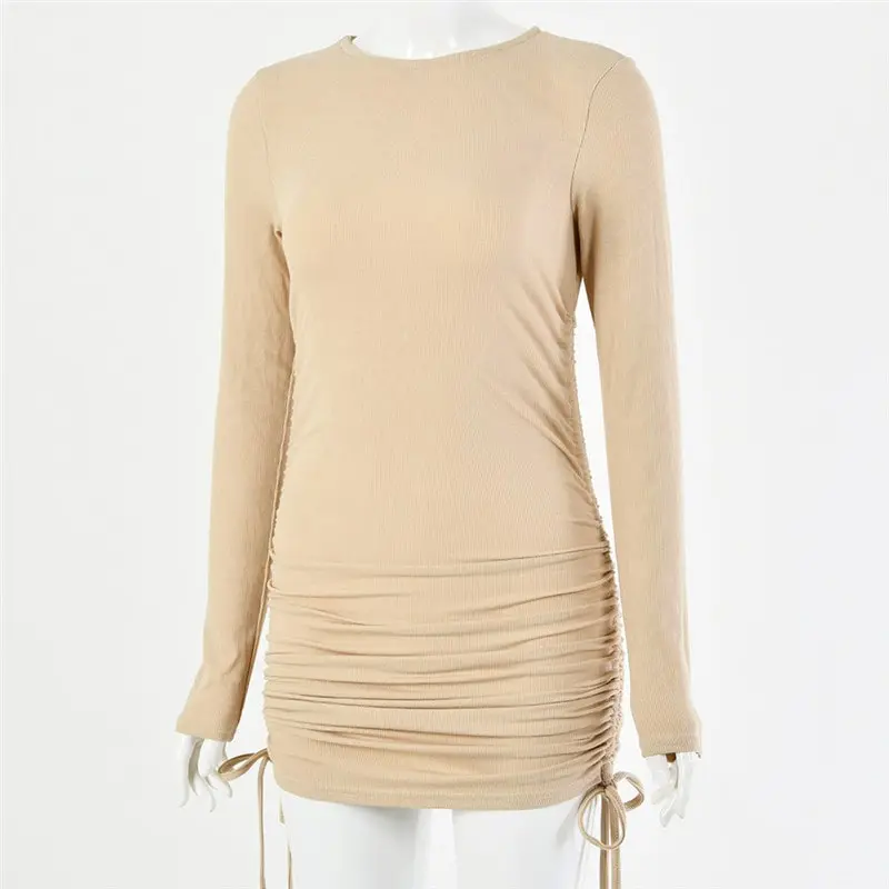 Women Fashion Solid Color Long Sleeve Drawstring Dress