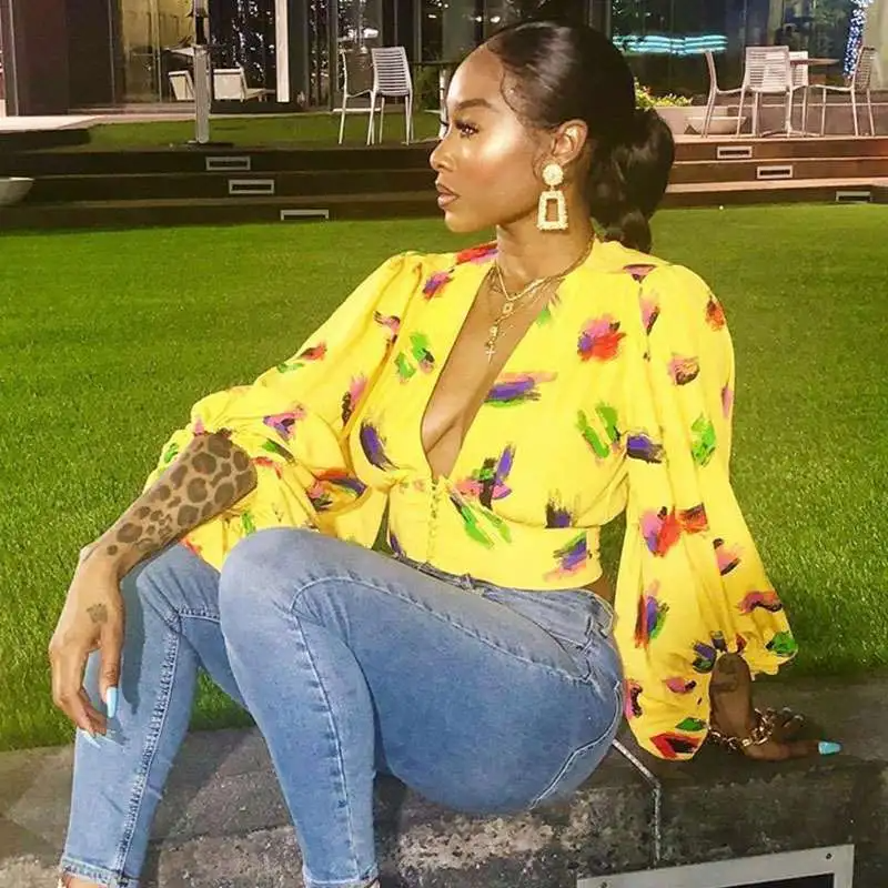 Sexy Deep V-Neck Single-Breasted Tie Dye Lantern Long-Sleeve Blouse
