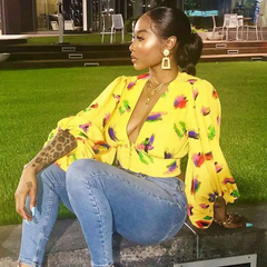 Sexy Deep V-Neck Single-Breasted Tie Dye Lantern Long-Sleeve Blouse