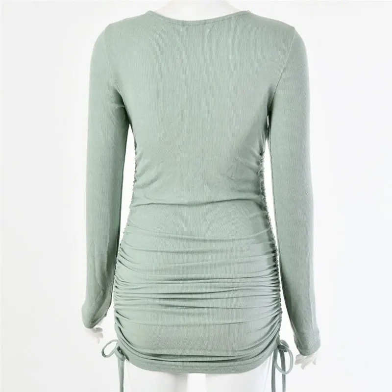 Women Fashion Solid Color Long Sleeve Drawstring Dress