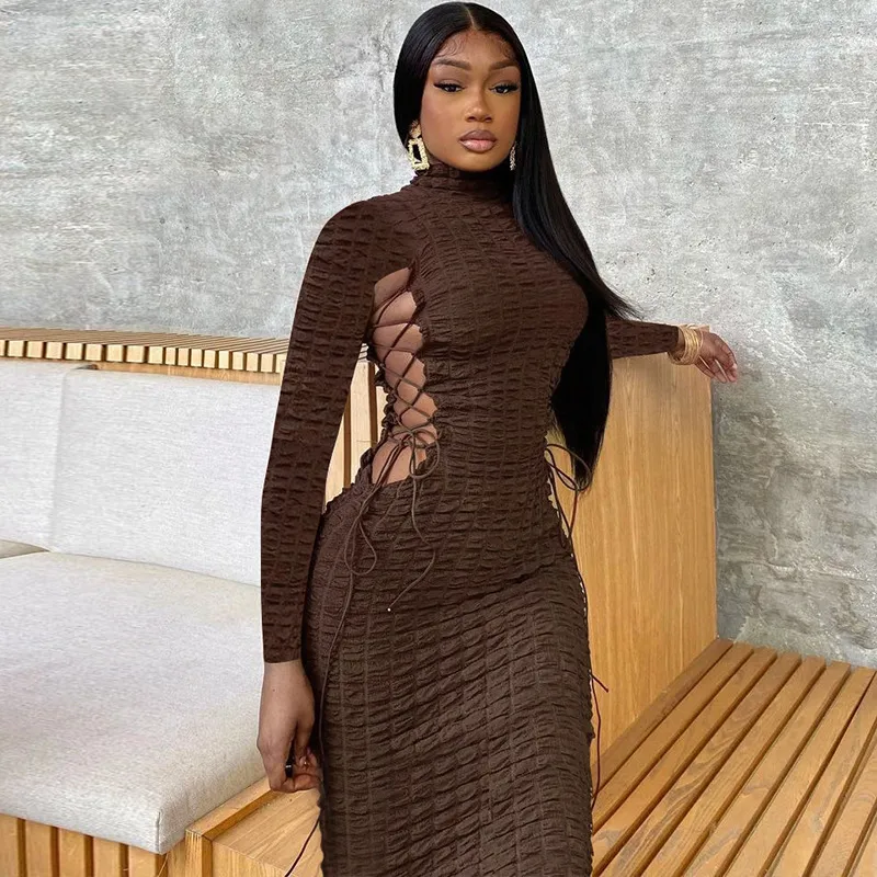 Women Edgy Basic Solid Color Autumn Fashion Turtle Neck Long Sleeve Bodycon Dress
