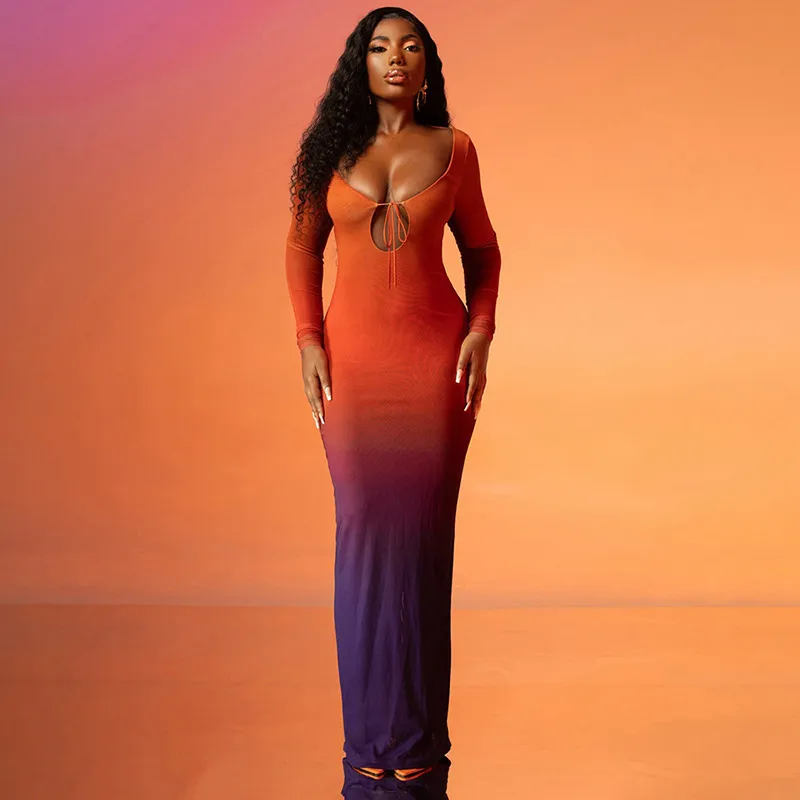 Gradient Print Strap Long Sleeve Backless Maxi Dress