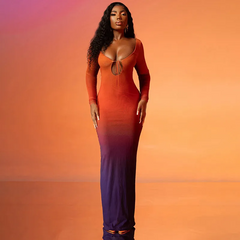 Gradient Print Strap Long Sleeve Backless Maxi Dress