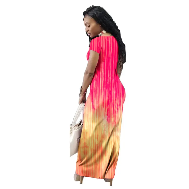 Women Fashion Gradient Color Oblique Shoulder Maxi Dress