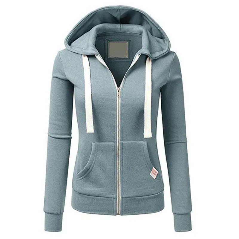 Women Fashion Casual Solid Color Zipper Pocket Hoodies