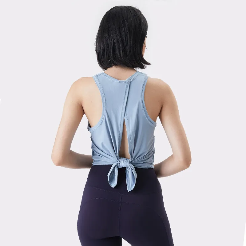 Women Casual Loose Solid Color Round Neck Sleeveless Back Split Sports Tank Top