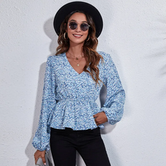 Women Casual Elegant Sweet Floral Print Long Puff Sleeve V Neck Chiffon Blouse