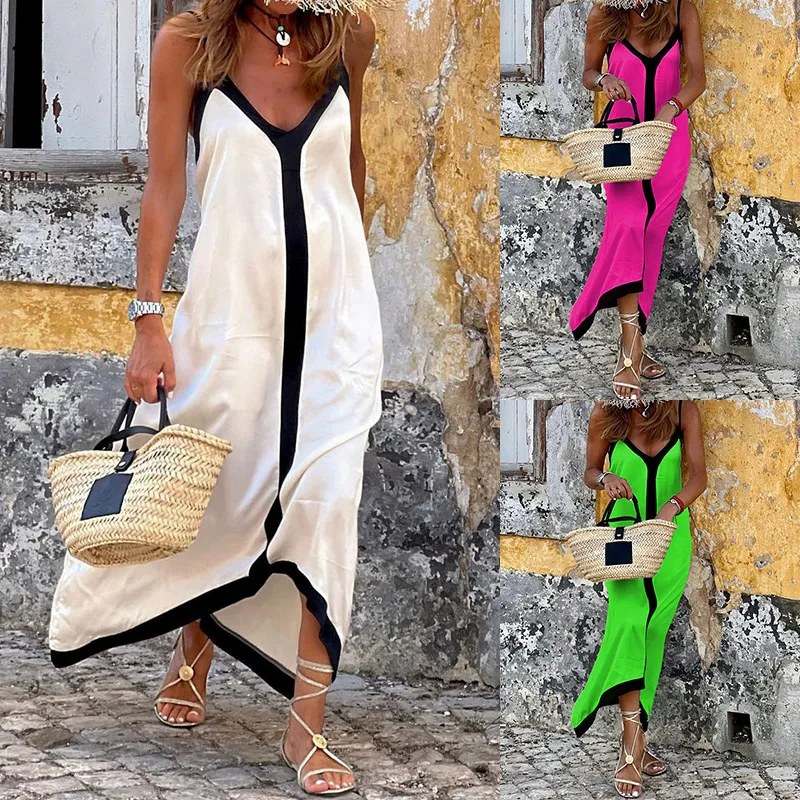 Women Fashion Casual Color Block Maxi Dress