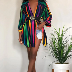 Women Rainbow Color Striped Lapel Single Breasted Long Sleeve Casual Blouses
