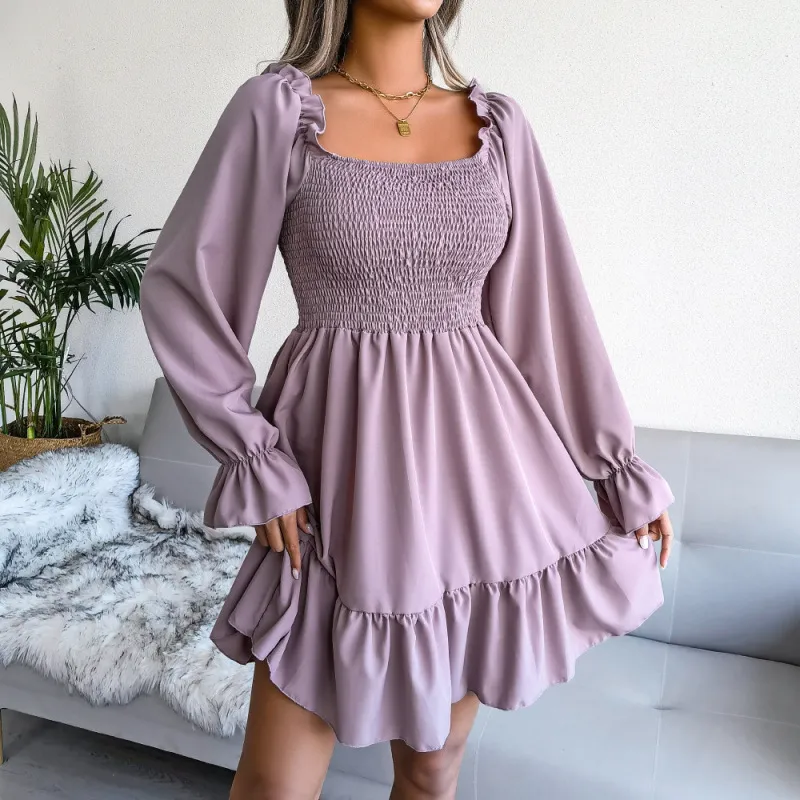 Women Fashion Square Neck Flared Long Sleeve Ruffle Swing Dress