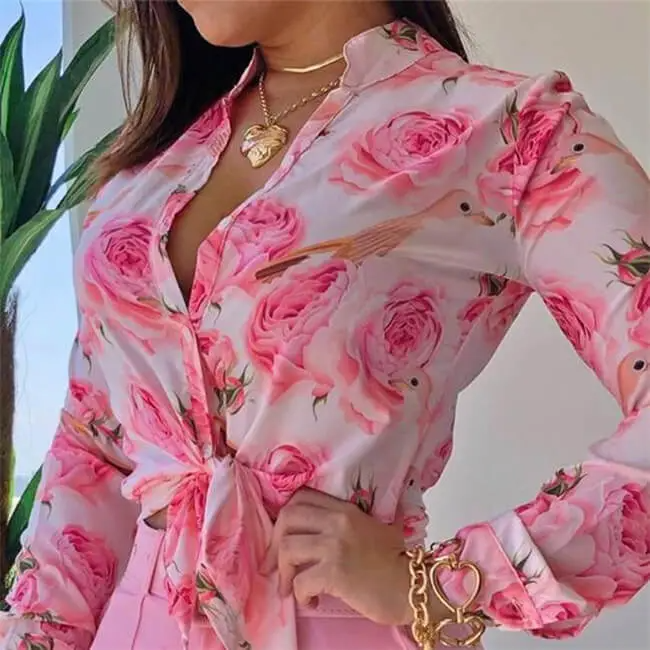 Women Fashion Flower Printed Blouse