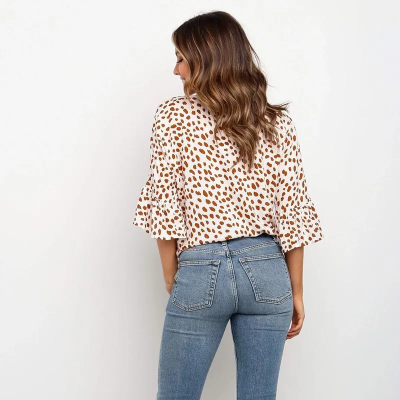 Women V Neck Lace-Up Printed Blouse