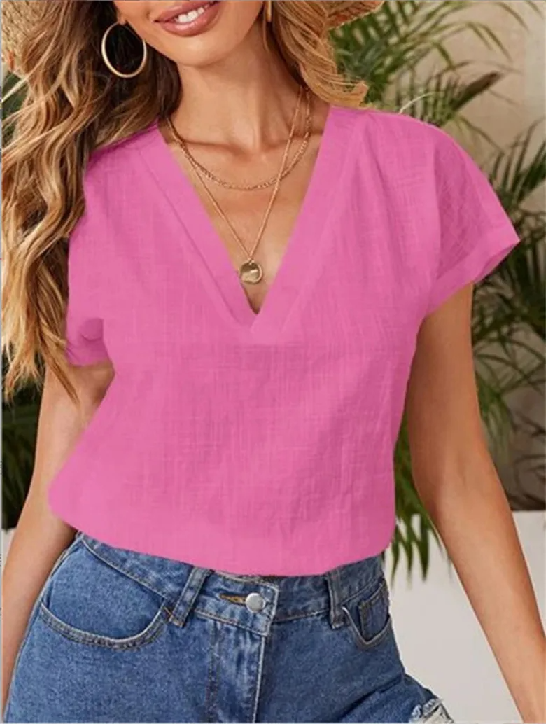 Women Casual Summer Solid Color Loose Short-Sleeved V Neck Short-Sleeved Blouse
