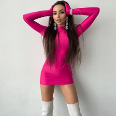 High Neck Long Sleeve Gloves Bodycon Dress