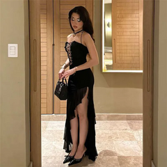 Women Sexy Solid Color Lace-Up Side Slit Bodycon Maxi Dress