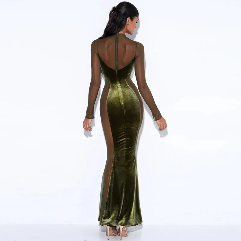 Women Sexy Hollow See-Through Mesh Velvet Patchwork Long Sleeve Round Neck Maxi Dress