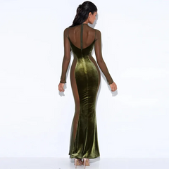 Women Sexy Hollow See-Through Mesh Velvet Patchwork Long Sleeve Round Neck Maxi Dress
