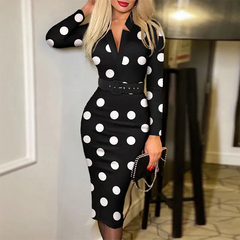 Graphic Printed V-Neck Long Sleeve Dress With Belt