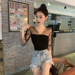 Women Fashion Mesh See Through Patchwork Rib-Knit Top
