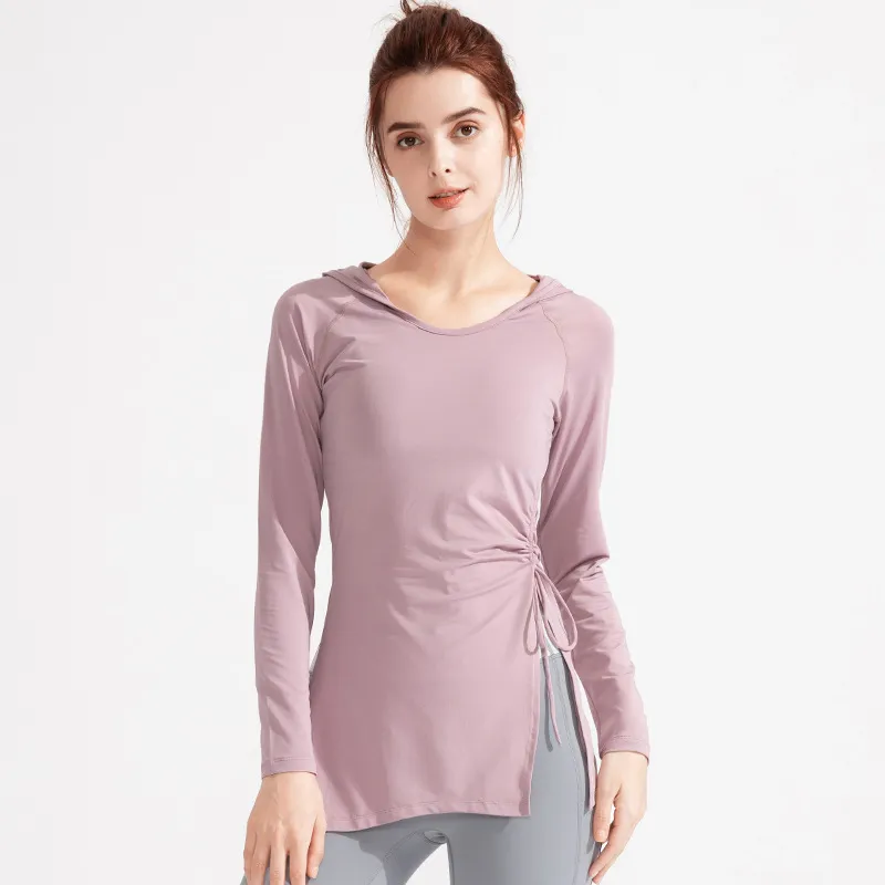 Women Fashion Solid Color Long Sleeve Drawstring Split Sports Yoga Top