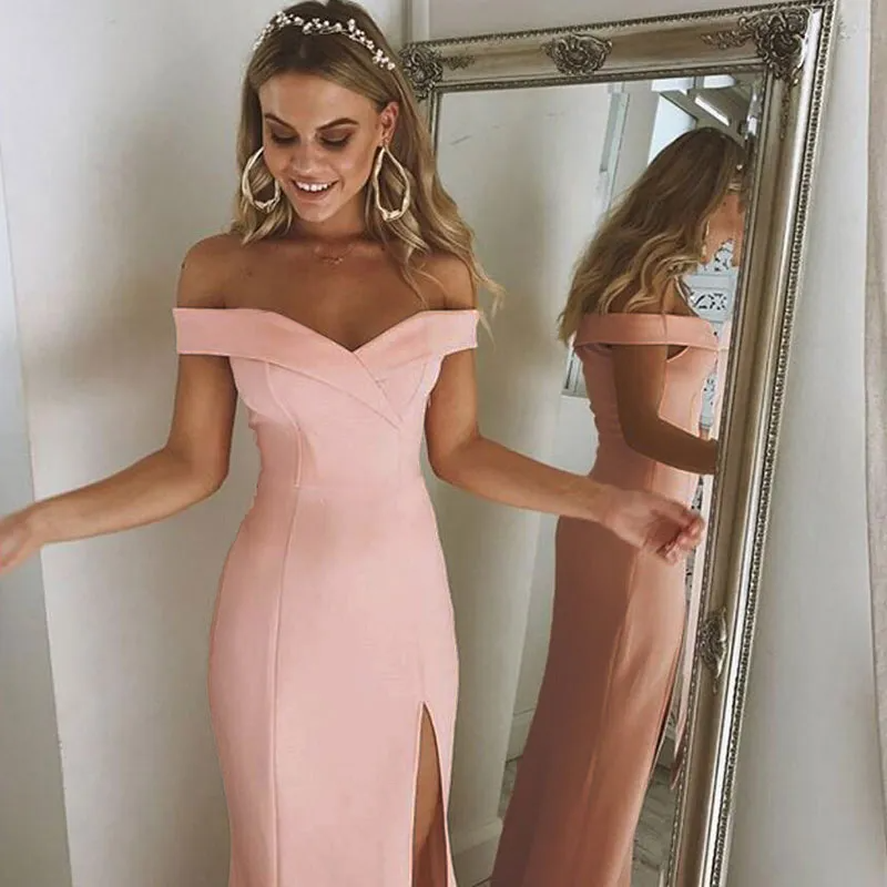 Women Fashion Solid Color Cool-Shoulder Side-Slit Maxi Party Dress