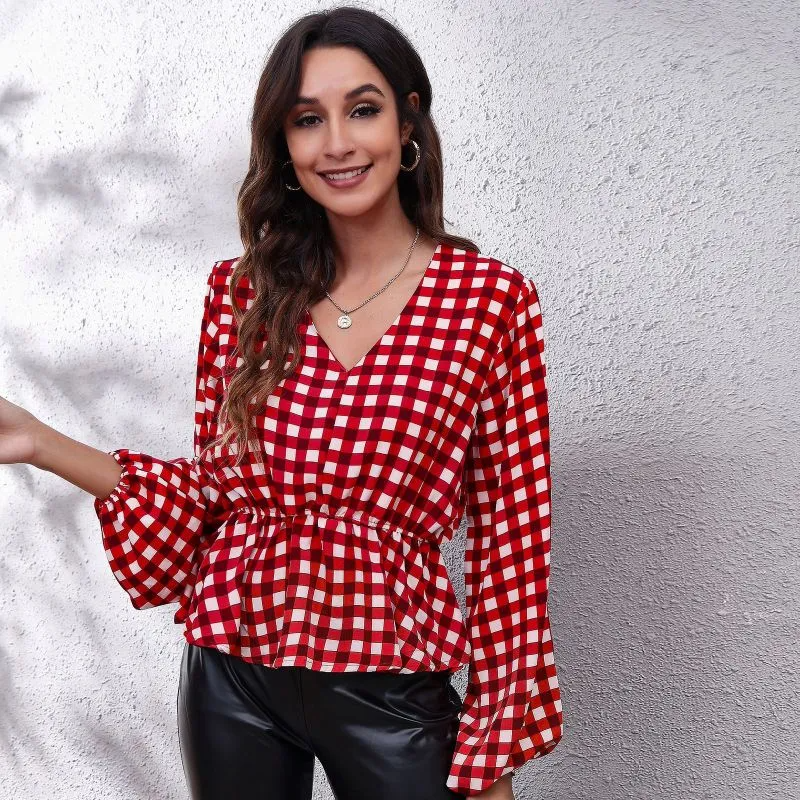 Women Casual Plaid Printed Lantern Defined Waist V Neck Long-Sleeved Chiffon Blouse