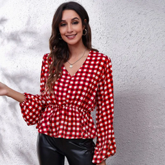 Women Casual Plaid Printed Lantern Defined Waist V Neck Long-Sleeved Chiffon Blouse