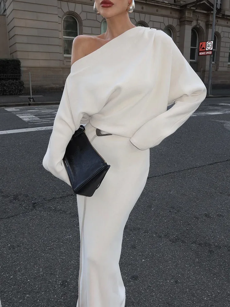 Slant Shoulder Long Sleeve Bodycon Maxi Dress