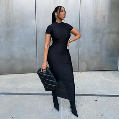 Women Fashion Solid Color Round Neck Short Sleeve Maxi Dress
