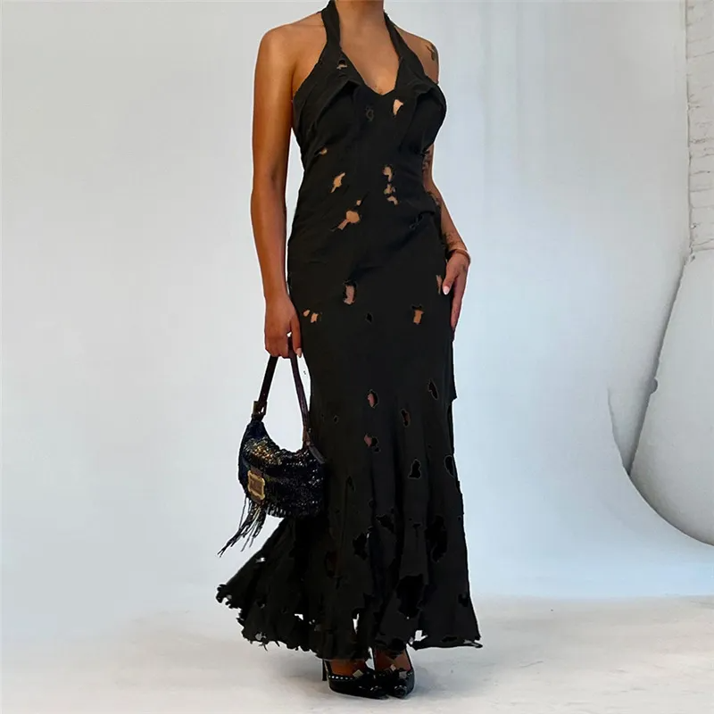 Women'S Sexy Solid Color Neck-Hole Sleeveless Maxi Dress