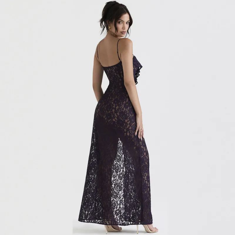 Women Fashion Sexy Deep V Perspective Sling Split Maxi Dress
