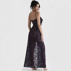 Women Fashion Sexy Deep V Perspective Sling Split Maxi Dress
