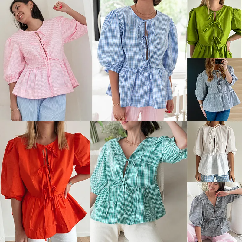 Spring And Summer Women Fashion Stripe Puff Sleeve Bow Knot Blouse