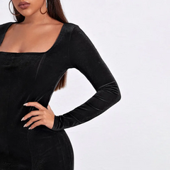 Side-Slit Square Neck Temperament Velvet Long-Sleeved Bodycon Dress