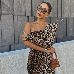 Women Autumn Sexy Leopard Print Long-Sleeved Oblique One Shoulder Side-Slit All Over Print Dress