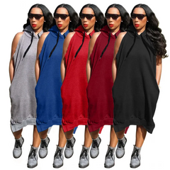 Plus Size Casual Women Summer Loose Large Size Fashion Solid Color Sleeveless Hooded Maxi Dress