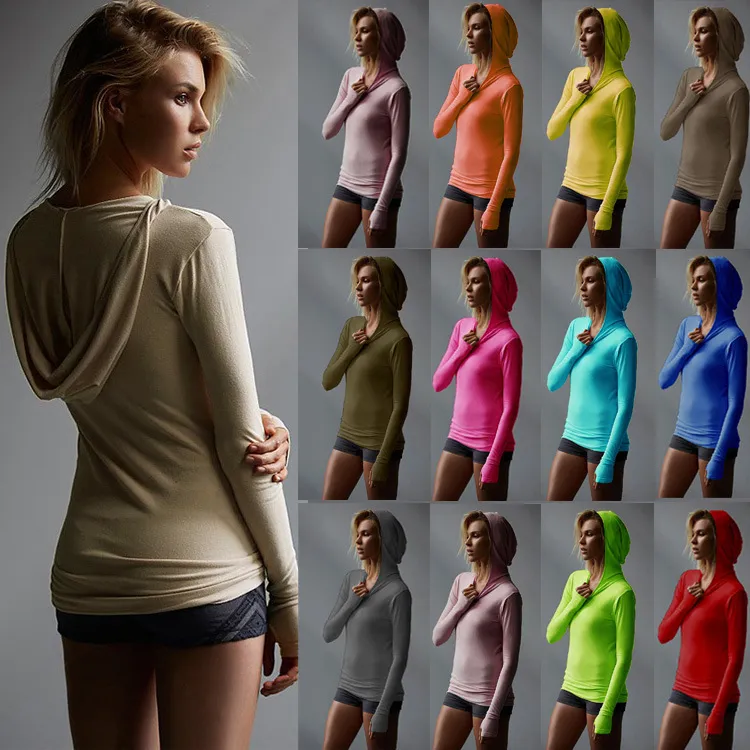 Women Casual Stretch Hooded Long Sleeve Mittens Running Sports Sweatshirt