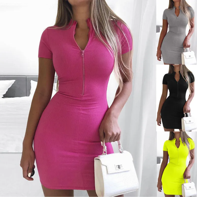 Women Basic Solid Color Short Sleeves Bodycon Zipper Dress