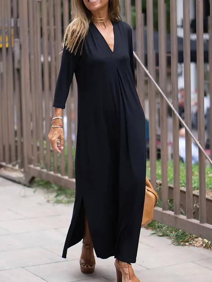 Women Solid V-Neck Split Casual Maxi Dress