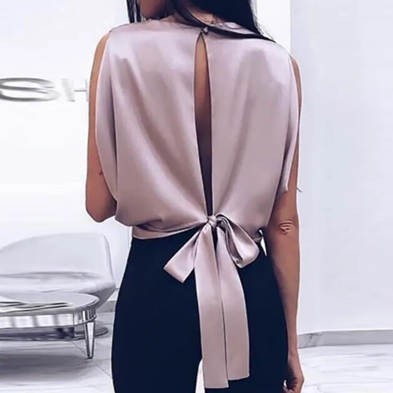 Women Sexy Solid Color Sleeveless Backless Bow Knot Blouse