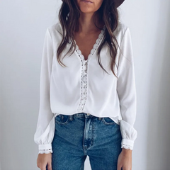 Women Plain Lace Patchwork Long Sleeve Casual Blouse