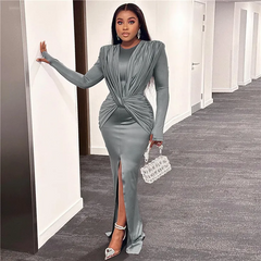 Women Fashion Long Sleeve Split Solid Color Party Bodycon Maxi Dress