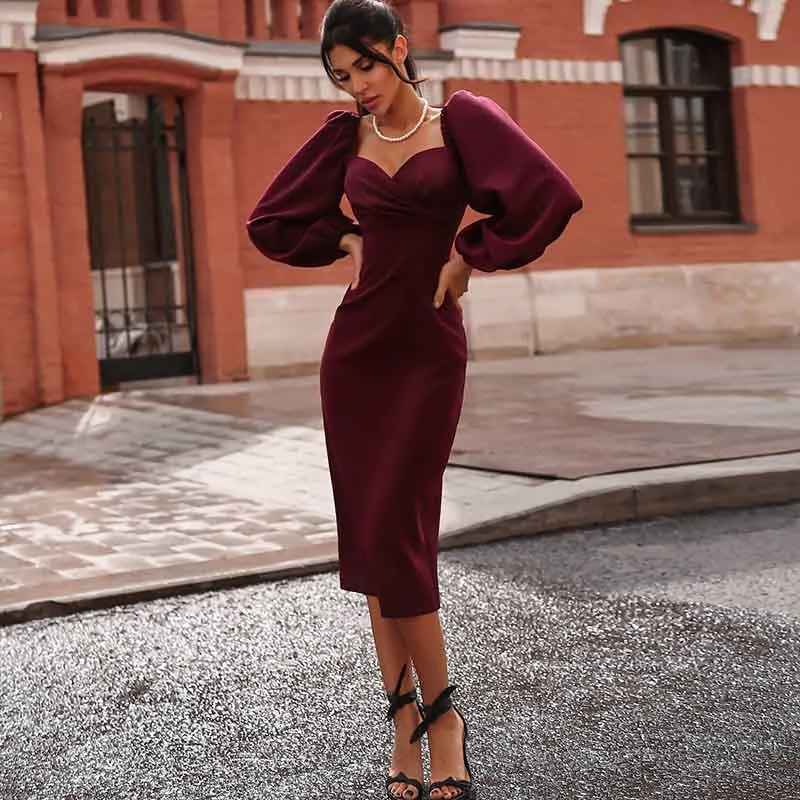 Vintage Puff Sleeve Off-Shoulder Midi Dress