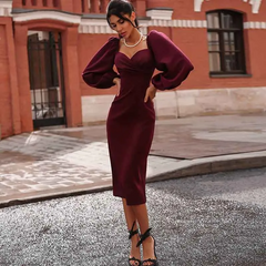 Vintage Puff Sleeve Off-Shoulder Midi Dress