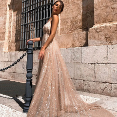 Glittering Women Sexy V Neck Backless Swing Maxi Dress