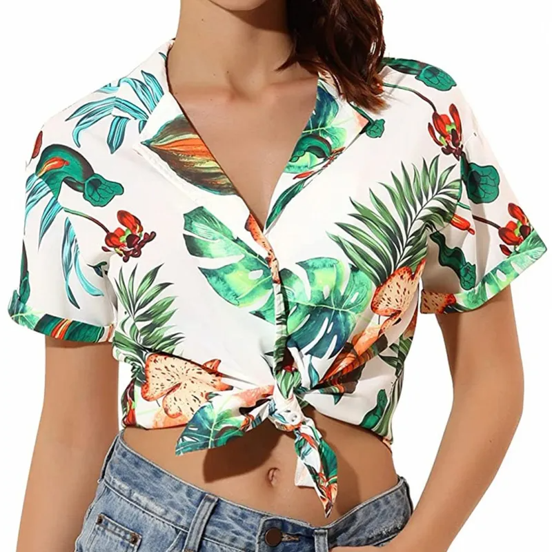 Summer Women Fashion Leaves Printing Short Sleeve Tropical Beach Button Down Cropped Blouse