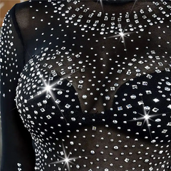 Women Fashion Mock Neck Rhinestone Decor Mesh Top